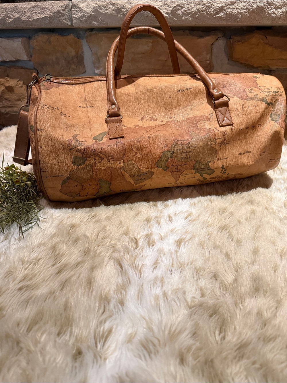 Vintage Map Print Duffel Bag - Tan